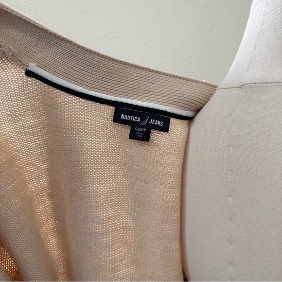 Nautica Beige and Navy Striped Button Up Fall Cardigan Sweater Women’s Size S - Picture 3 of 9